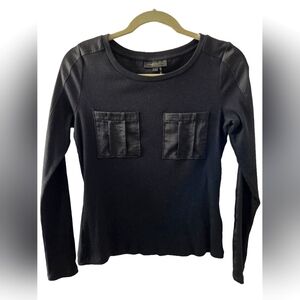Donna Karen Black Long Sleeve Top with Faux Leather Accents